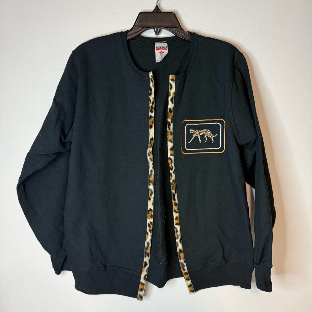 Vintage Jerzees Women's Cardigan Sweatshirt Jacket Leopard Trim Cheetah Patch L